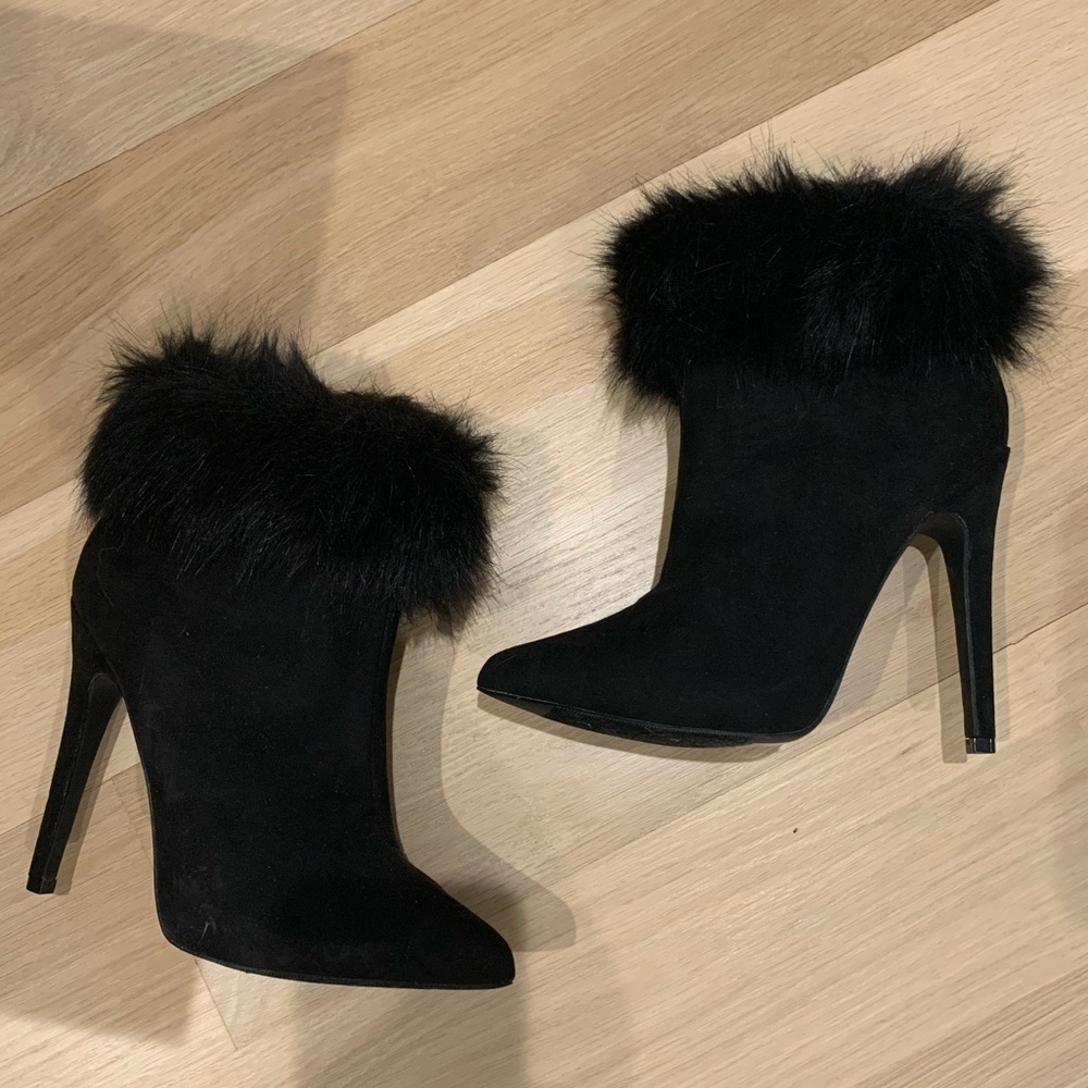Black Faux Fur Heeled Booties